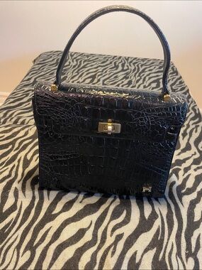 Hermes look alike structured Black Croc-Embossed Top Handle Clutch with Gold Har